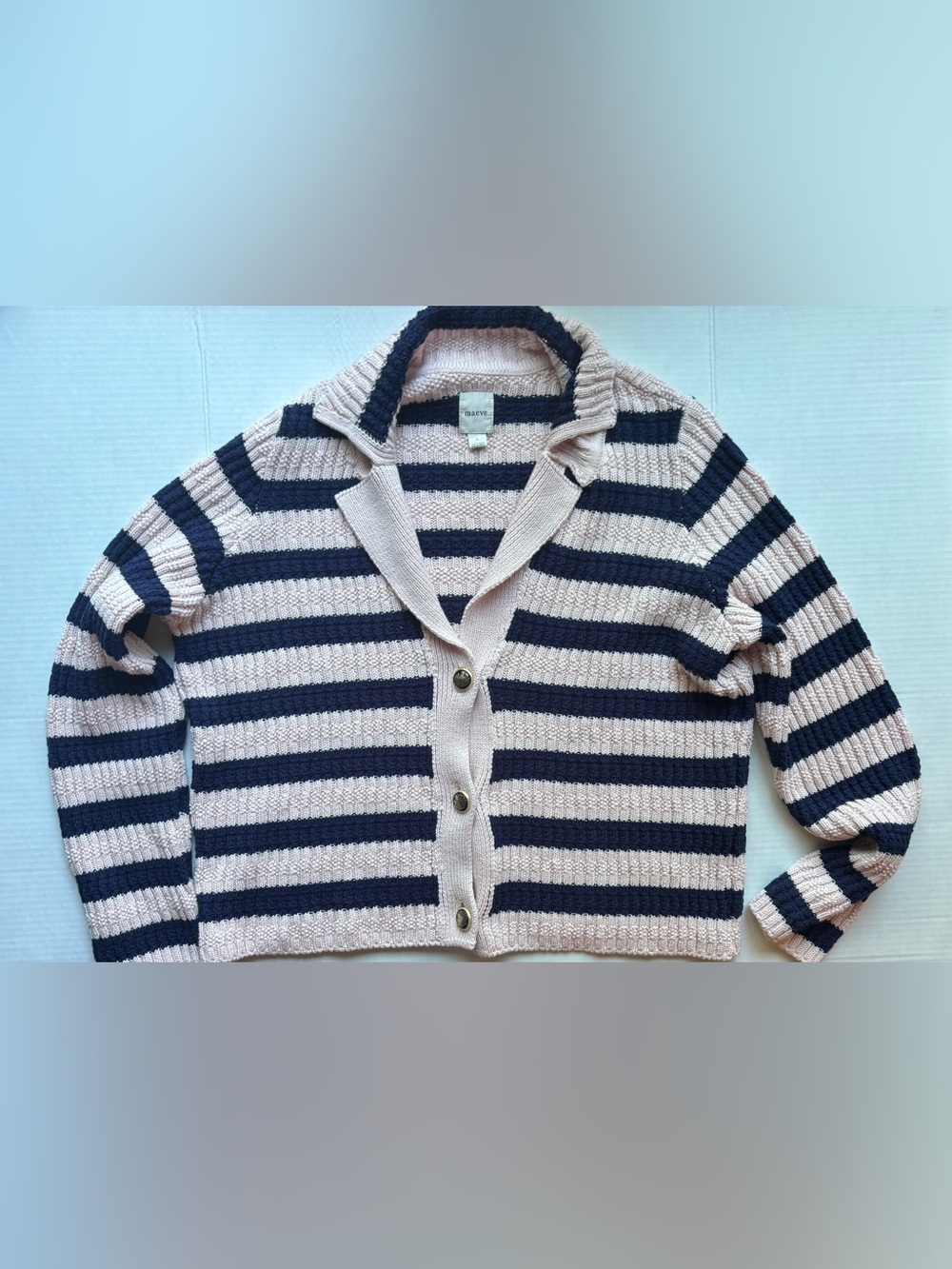 Maeve by Anthropologie Striped Knit collared Cardigan Light Pink Navy preppy